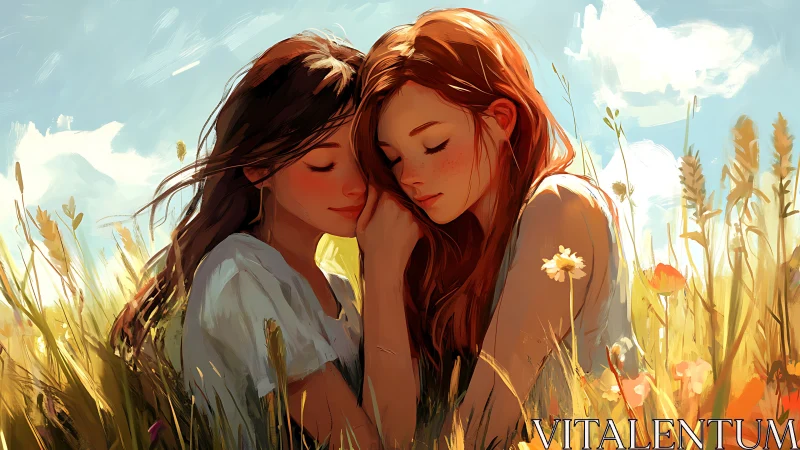 Two figures with auburn hair in pastoral field composition.