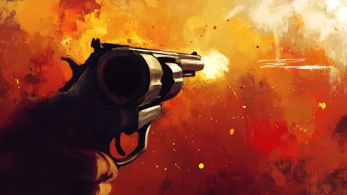 Dynamic revolver discharge in high-impact digital painting.