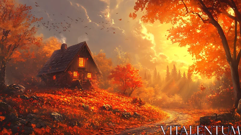 Golden autumn cottage where evening light lingers long.