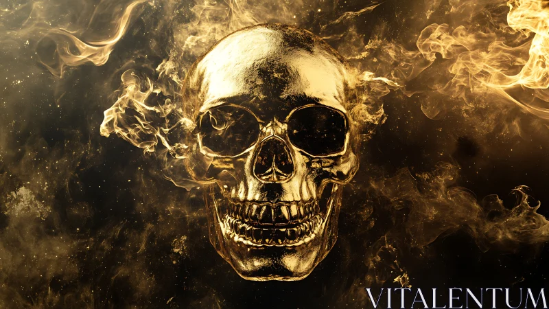 Gilded skull drifting through molten smoke and cosmic ash.