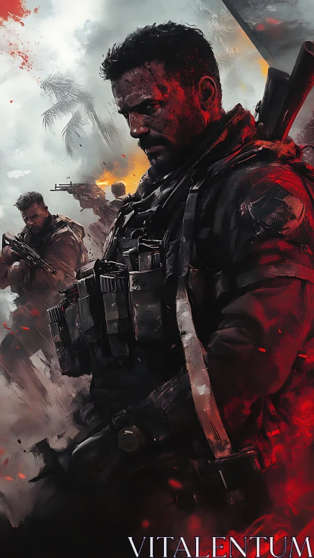 Tactical infantry operator in kinetic battlefield firestorm.