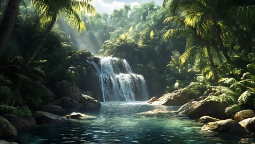 Sunlit jungle waterfall hums over a glassy turquoise pool