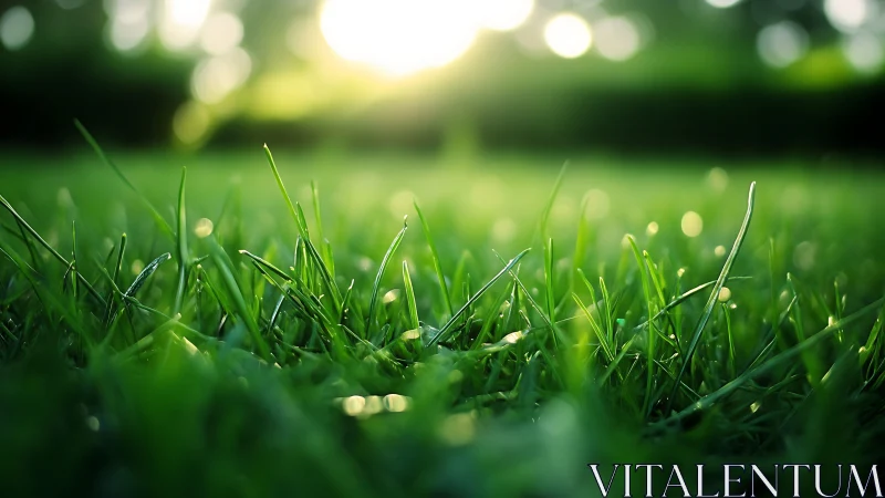 Close-up of Fresh Green Grass in Soft Morning Sunlight, Nature Focused.