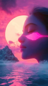 Neon moonrise hums against a dreaming electric shoreline face