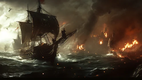 Digital seascape of pirate armada amid burning coastal siege.