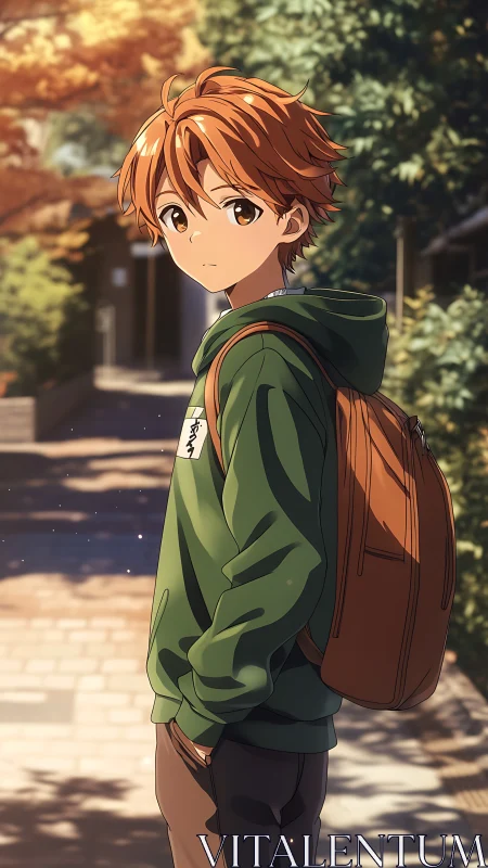 Soft autumn walk with a thoughtful backpacked boy.