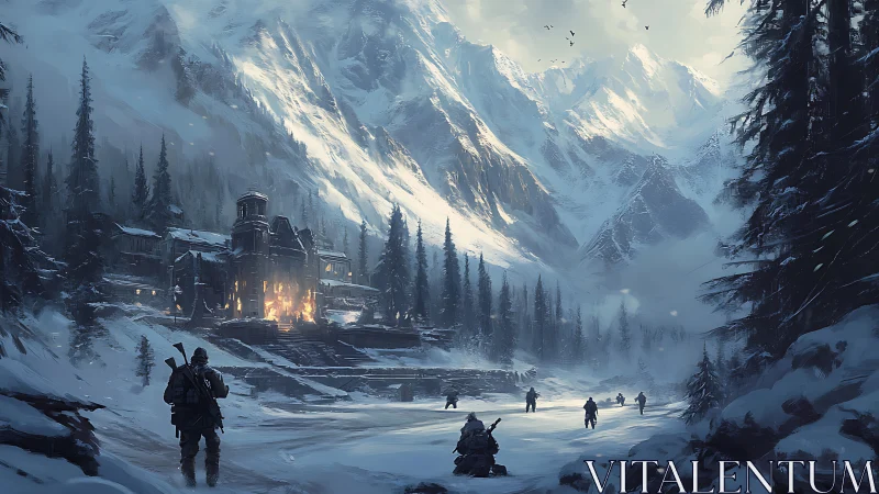 Armed figures traverse a snowy valley toward a lit compound