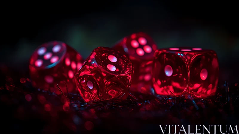 Glowing red dice rest in dramatic casino inspired darkness