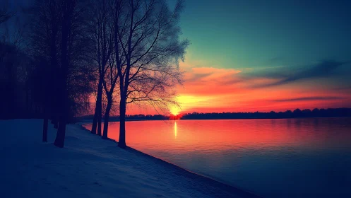 Winter lakeside sunset with silhouetted bare trees.