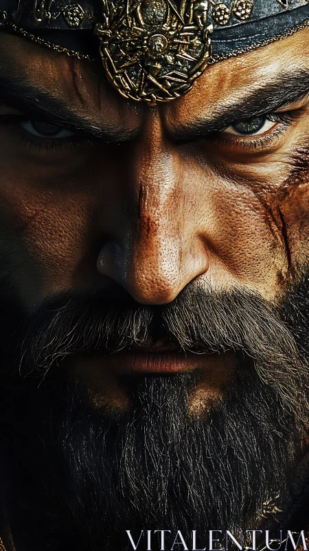 Battle-scarred warrior close-up with ornate bronze circlet