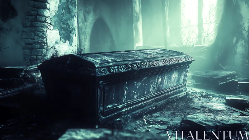 Ancient stone sarcophagus in mist-filled ruined chapel.