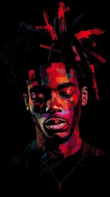 Vibrant neon portrait of pensive man on deep black field.