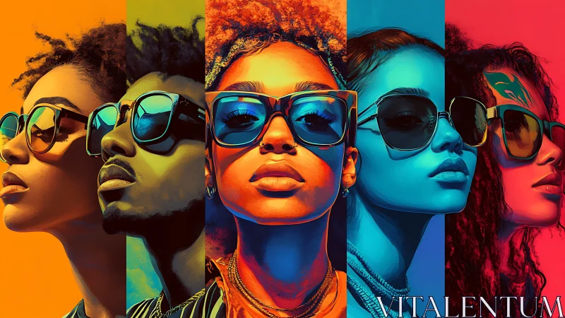 Five stylized portraits with sunglasses in vertical color bands.
