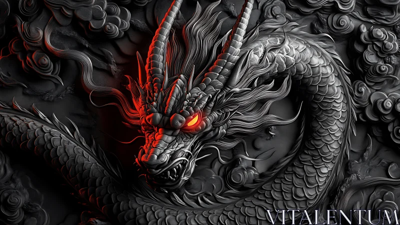 Dragon relief coils through clouds with intense red highlights