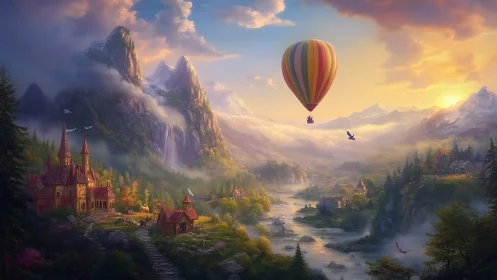 Hot air balloon over colorful fantasy river valley.