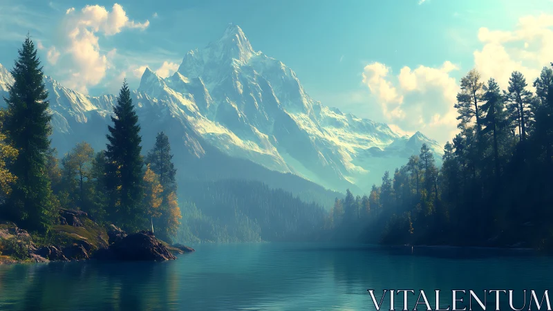 Snowcapped mountain towers above tranquil forest lake.