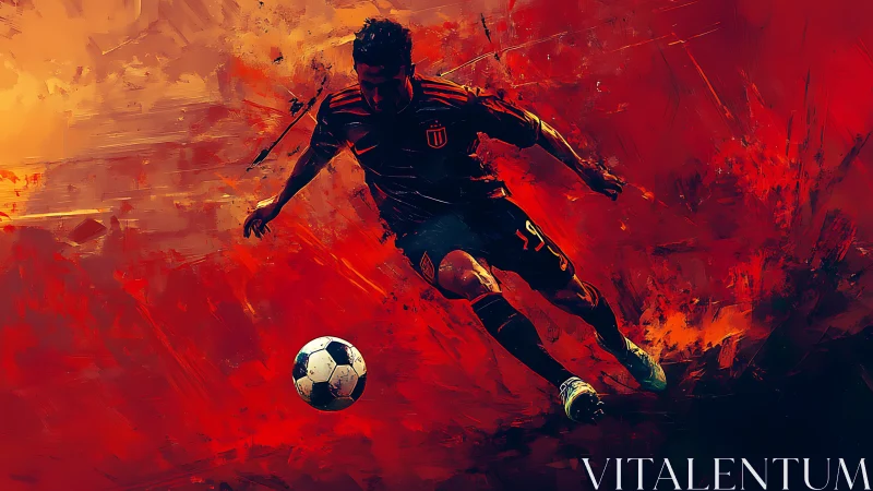Dynamic soccer forward sprint rendered in fiery brush strokes