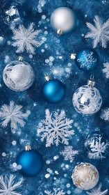 Blue and silver Christmas baubles with frost snowflake motifs.