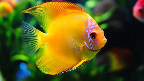 Vibrant yellow discus fish gliding through lush aquarium water.