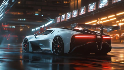 Neon drenched hypercar prowls a rain slicked future street.