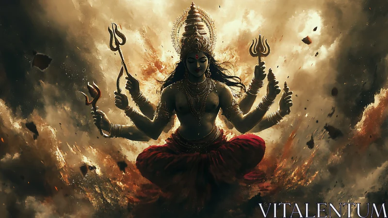 Storm crowned goddess in blazing cosmic battle trance.