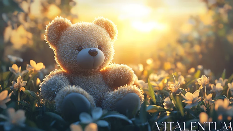 Sunlit teddy bear resting softly in a dreamy flower meadow.