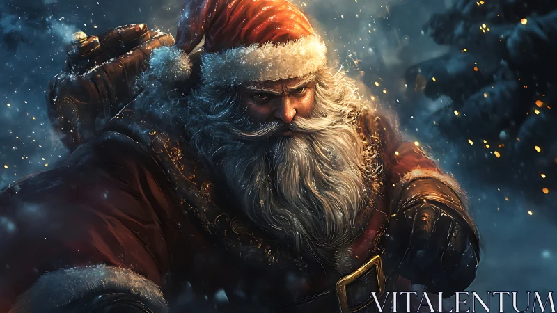 Santa Claus portrait shows intense expression in snowy night