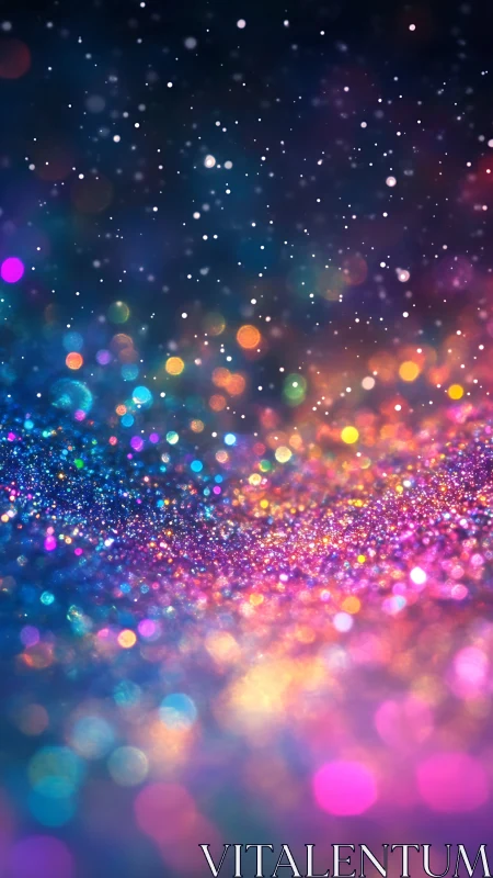 Colorful glitter bokeh field glows under dark cosmic sky
