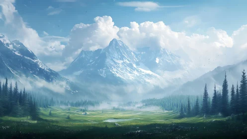 Snow-covered mountain range overlooks misty conifer valley