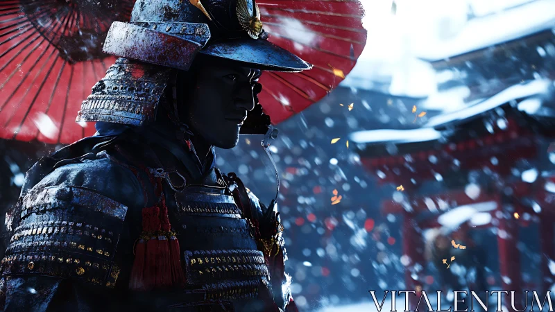 Samurai in snowy temple courtyard holding red umbrella.