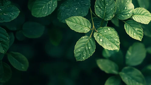 Green leaves with raindrops against dark blurred foliage.