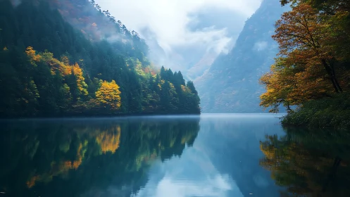 Fog draped mountain lake mirrors vivid autumn forest colors.