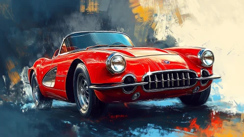 Scarlet roadster rockets through painterly vortex of color.