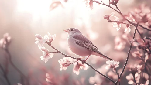 Blush-feathered songbird perches among cherry blossom whispers.