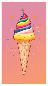 Rainbow swirl ice cream cone sparkles on candy sunset sky.