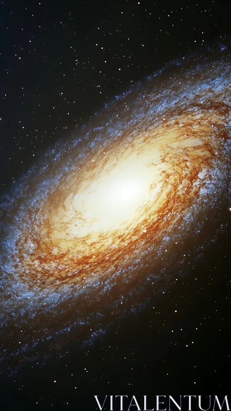Inclined spiral galaxy with bright core and dense starfield.