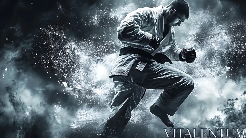 Martial artist explodes through smoky impact in midair