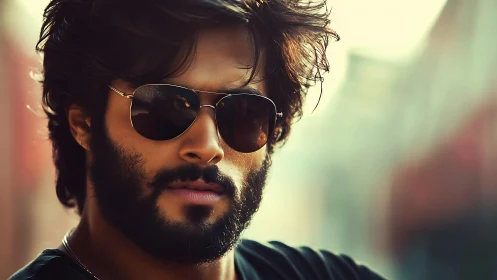 Cinematic close-up portrait of bearded man in aviator shades