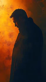 Solitary man in shadow leans into a wall of burning light