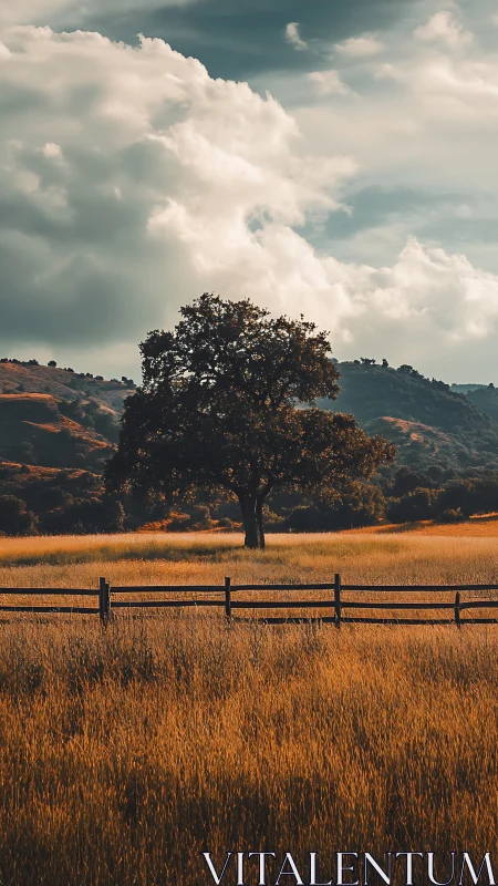Solitary tree in fenced grassland under clouded sky.