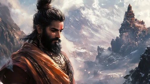 Meditating sage contemplates a distant Himalayan temple fortress.