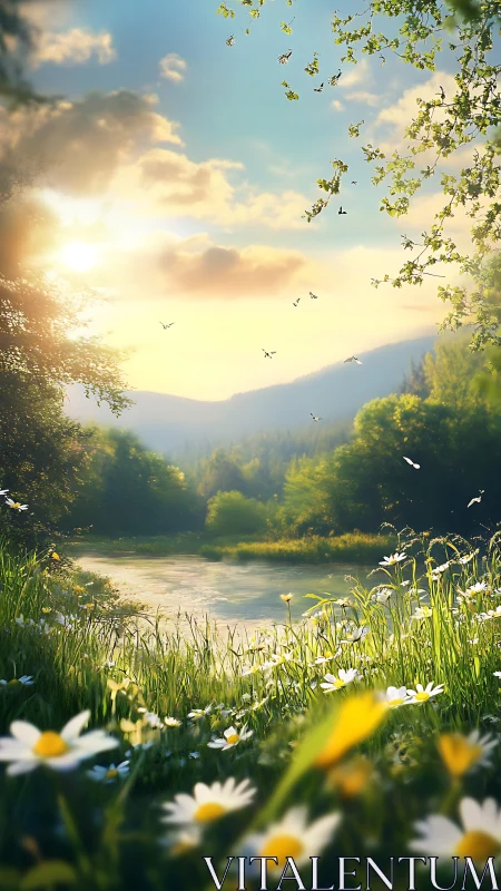 Backlit alpine meadow pond with daisies at sunrise glow