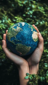 Hands gently cradle the Earth amid lush green foliage