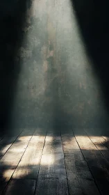 Single light beam cuts through dust over worn wooden floor.