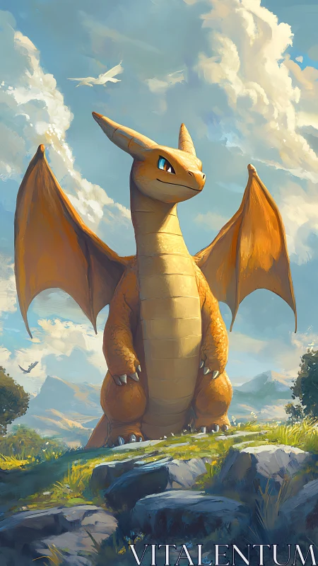 Orange dragon-like creature stands on rocky grassy hill