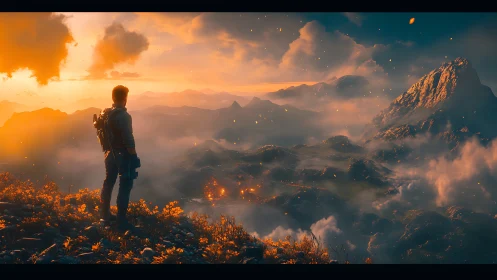 Lone explorer watches a blazing sunrise over misty peaks.