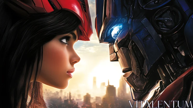 Human warrior and armored robot lock eyes at sunrise.