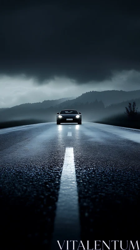Headlights glow on a wet open road beneath a brooding sky