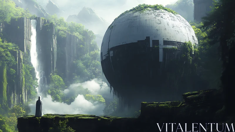 Mysterious forest sphere watched from a quiet cliffside.