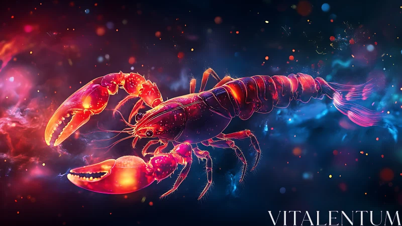 Neon cosmic lobster drifts through a glowing galactic tide